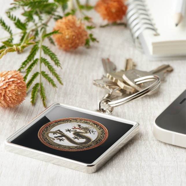 [600] Black and Gold Sacred Eastern Dragon Key Ring (Side)