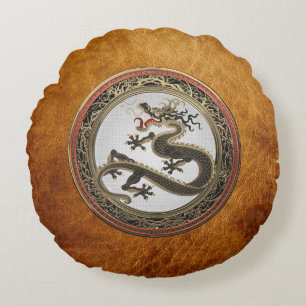 [600] Black and Gold Sacred Eastern Dragon Round Cushion
