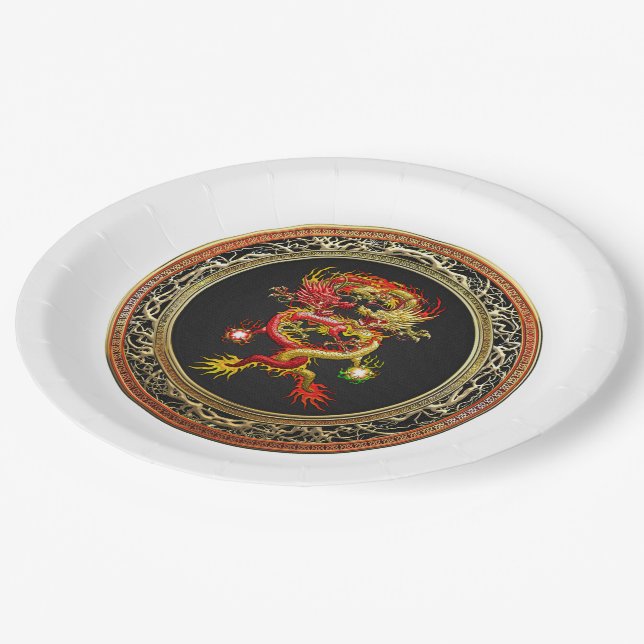 [600] Red and Yellow Dragons Paper Plate (Angled)