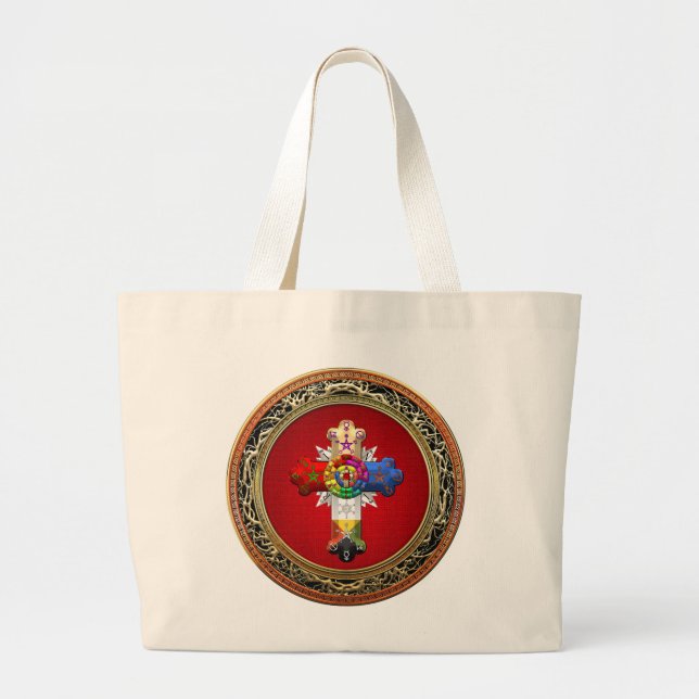[600] Rosy Cross (Rose Croix) on Red & Gold Large Tote Bag (Front)