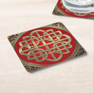 [600] Sacred Celtic Gold Knot Cross Square Paper Coaster