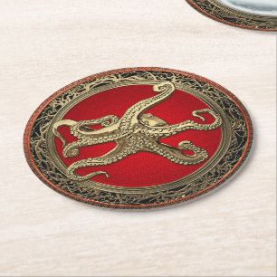 [600] Sacred Gold Octopus in Defensive Posture Round Paper Coaster