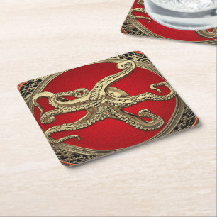 [600] Sacred Gold Octopus in Defensive Posture Square Paper Coaster