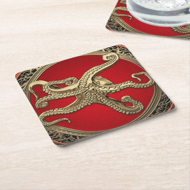 [600] Sacred Gold Octopus in Defensive Posture Square Paper Coaster (Angled)