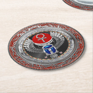 [600] Sacred Silver Egyptian Winged Scarab & Ankh Round Paper Coaster