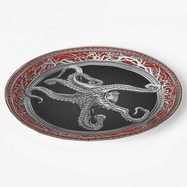 [600] Sacred Silver Octopus in Defensive Posture Paper Plate (Angled)