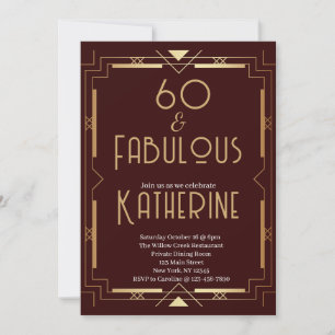 60 and Fabulous 60th Birthday Art Deco Burgundy Invitation