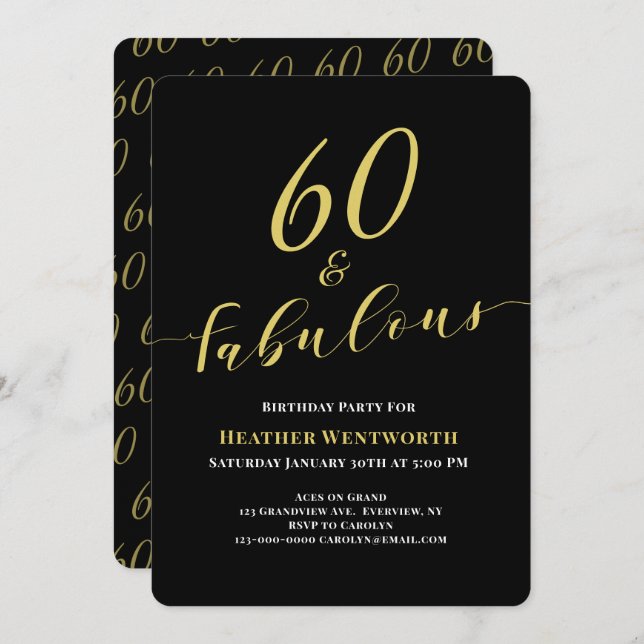 60 and Fabulous 60th Birthday Gold Black Script Invitation (Front/Back)