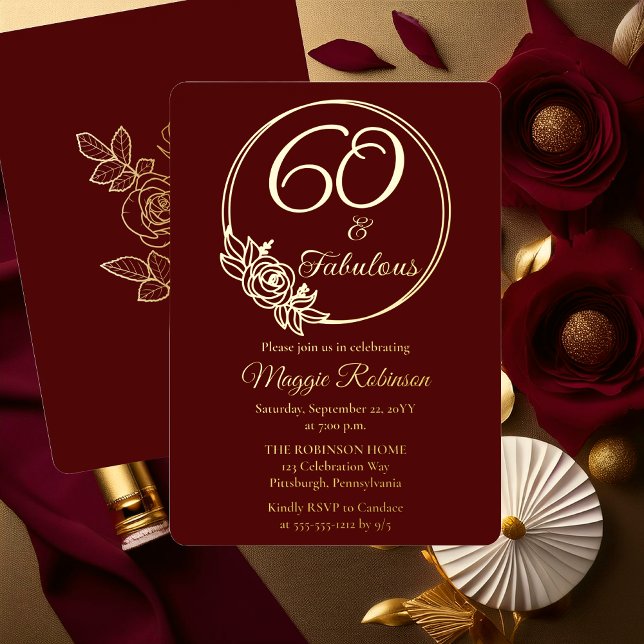 60 and Fabulous 60th Birthday Party Stamped (Elegant Rose Wreath 60 and Fabulous 60th Birthday Party Burgundy Stamped Gold Foil Invitation )