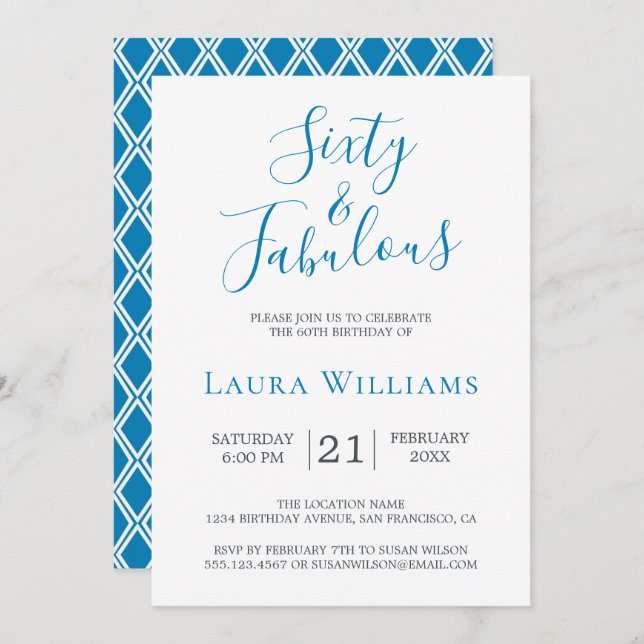 60 and Fabulous Blue White 60th Birthday Party Invitation (Front/Back)