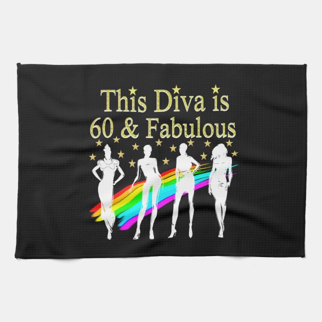 60 AND FABULOUS DAZZLING DIVA DESIGN TEA TOWEL (Horizontal)