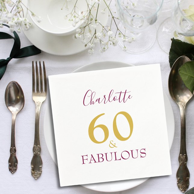 60 and Fabulous Elegant 60th Birthday Napkin (Elegant 60 and fabulous gold and burgundy typography script custom 60th birthday party napkins)