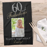 60 and Fabulous Elegant 60th Birthday Photo Tea Towel<br><div class="desc">60 and Fabulous Elegant 60th Birthday Photo kitchen towel. Elegant script in white and golden colours. Add your name and photo.</div>