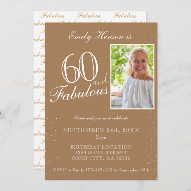 60 and Fabulous Elegant Beige Photo Birthday  Invitation (Front/Back)