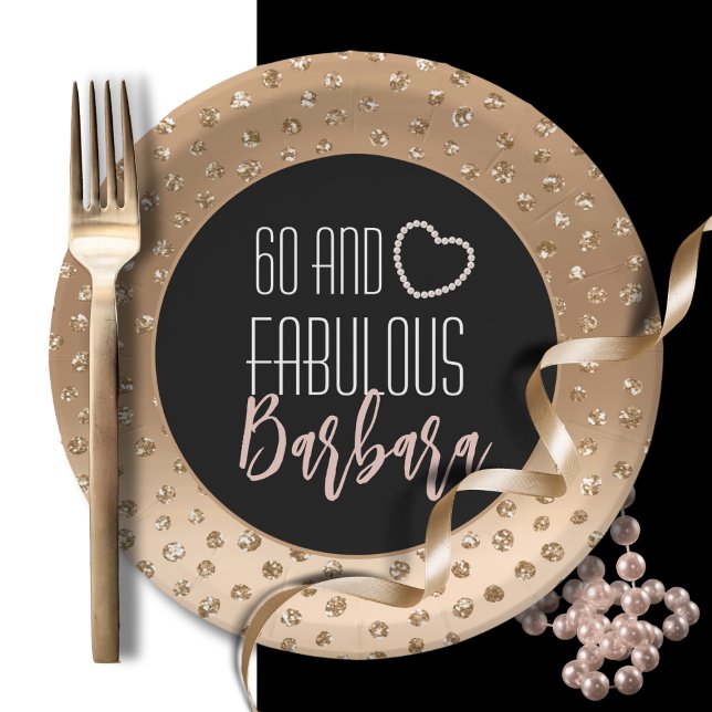 60 and Fabulous Feminine Stylish Gold Black Blush  Paper Plate (Creator Uploaded)