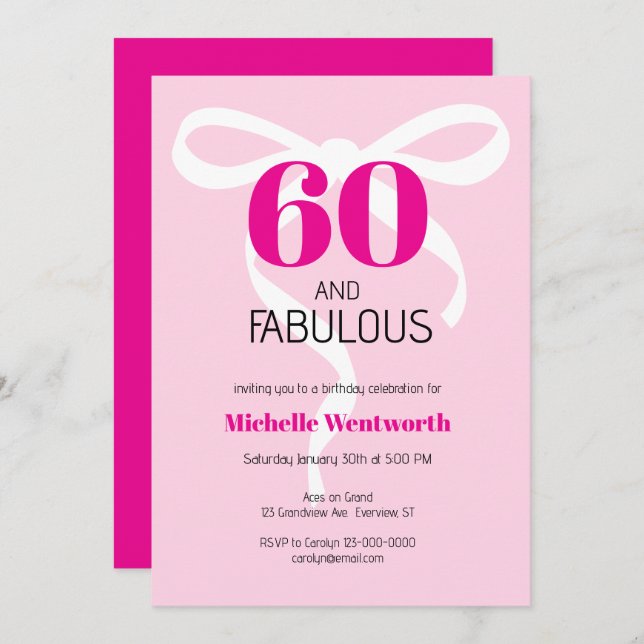 60 and Fabulous Fun Ribbon Hot Pink 60th Birthday Invitation (Front/Back)