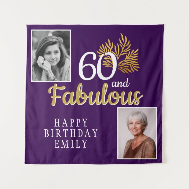 60 and Fabulous Gold Foliage 2 Photo Birthday  Tapestry (Front)