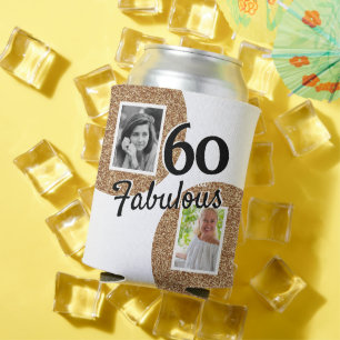 60 and Fabulous Gold Glitter 2 Photo 60th Birthday Can Cooler