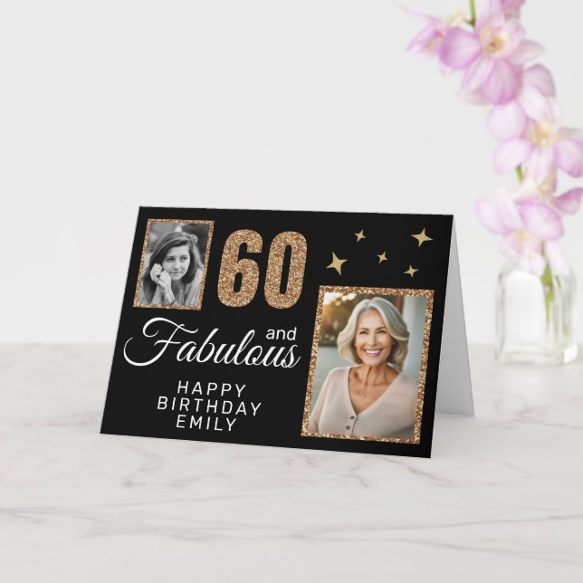 60 and Fabulous Gold Glitter 2 Photo 60th Birthday Card (Orchid)