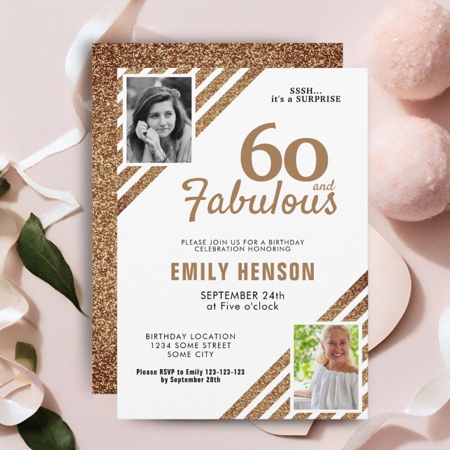 60 and Fabulous Gold Glitter 2 Photo 60th Birthday Invitation (Creator Uploaded)