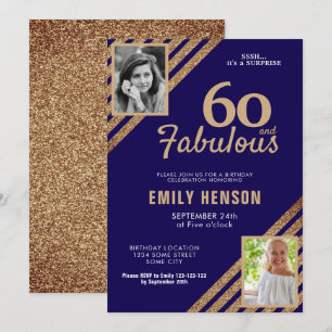 60 and Fabulous Gold Glitter 2 Photo 60th Birthday Invitation