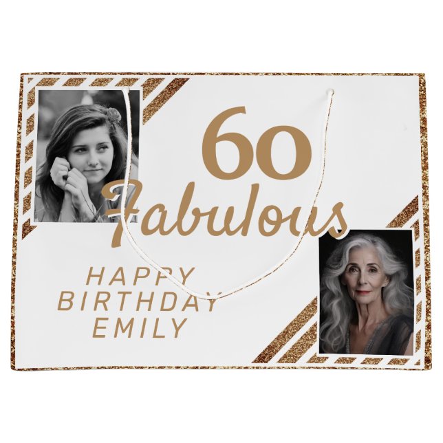60 and Fabulous Gold Glitter 2 Photo 60th Birthday Large Gift Bag (Front)
