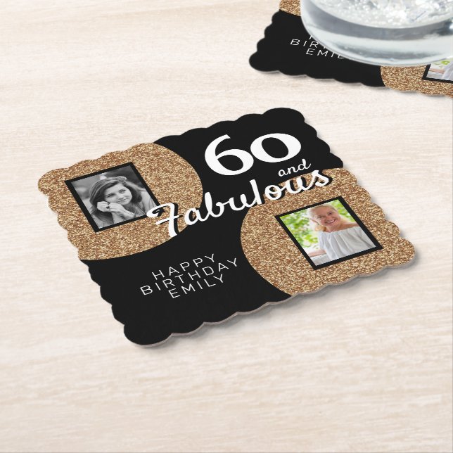 60 and Fabulous Gold Glitter 2 Photo 60th Birthday Paper Coaster (Angled)