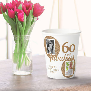 60 and Fabulous Gold Glitter 2 Photo 60th Birthday Paper Cups