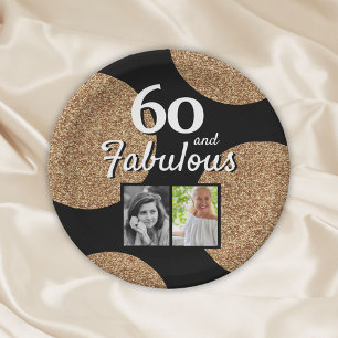 60 and Fabulous Gold Glitter 2 Photo 60th Birthday Paper Plate