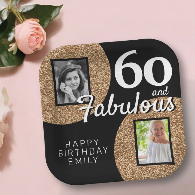 60 and Fabulous Gold Glitter 2 Photo 60th Birthday Paper Plate (Creator Uploaded)