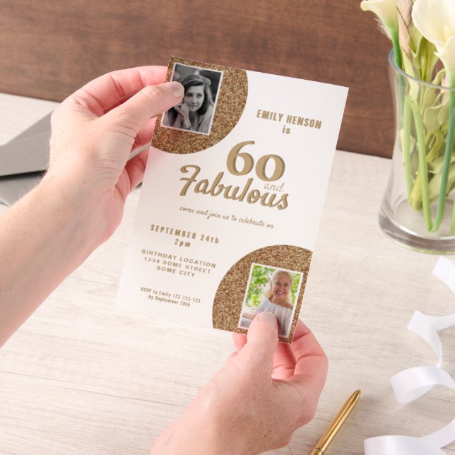 60 and Fabulous Gold Glitter 2 Photo 60th Birthday Vellum Invitations (Handheld)