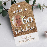 60 and Fabulous Gold Glitter 60th Birthday Photo Gift Tags<br><div class="desc">60 and Fabulous Gold Glitter 60th Birthday Party Photo Gift Tag. Faux gold glitter with a photo in a round frame. This gift tag is perfect for adding a touch of glamour to a birthday celebrations. The tag features a stunning gold glitter design. It's a fun and practical accessory that...</div>