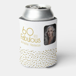 60 and Fabulous Gold Glitter Photo 60th Birthday Can Cooler
