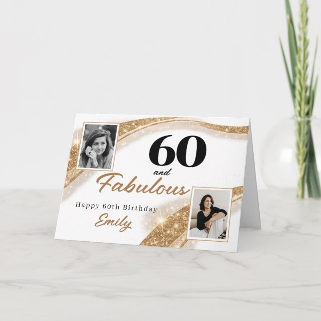 60 and Fabulous Gold Glitter Photo 60th Birthday Card (Front)