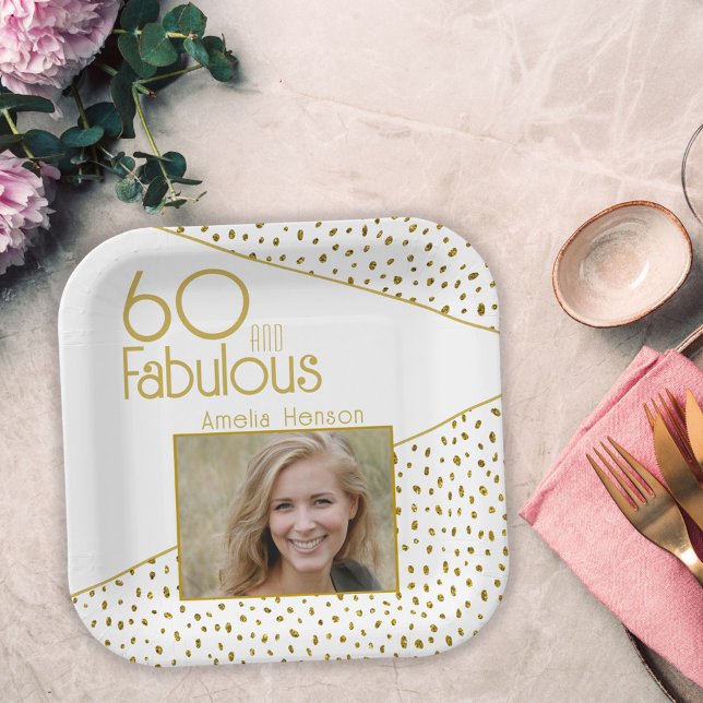 60 and Fabulous Gold Glitter Photo 60th Birthday Paper Plate (Creator Uploaded)