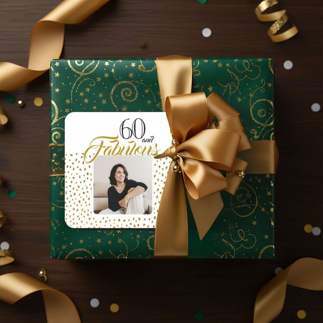 60 and Fabulous Gold Glitter Photo 60th Birthday Square Sticker (Creator Uploaded)