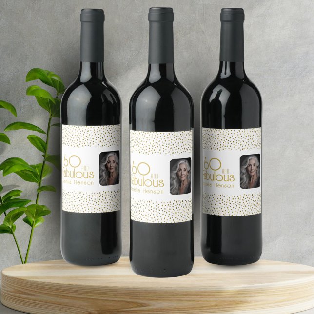 60 and Fabulous Gold Glitter Photo 60th Birthday Wine Label (Creator Uploaded)