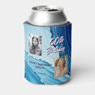 60 and Fabulous Marble Glitter 2 Photo Birthday Can Cooler