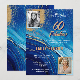 60 and Fabulous Marble Glitter 2 Photo Birthday Invitation