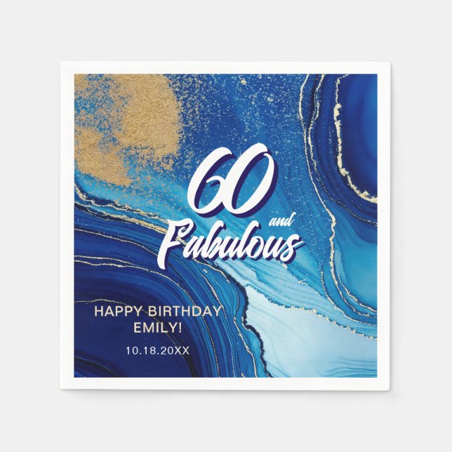 60 and Fabulous Marble Glitter Birthday Napkin (Front)