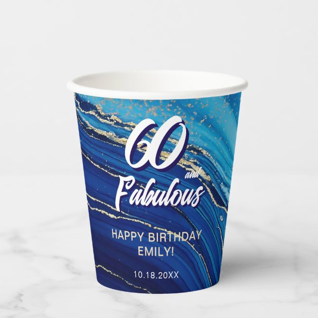 60 and Fabulous Marble Glitter Birthday Paper Cups (Front)