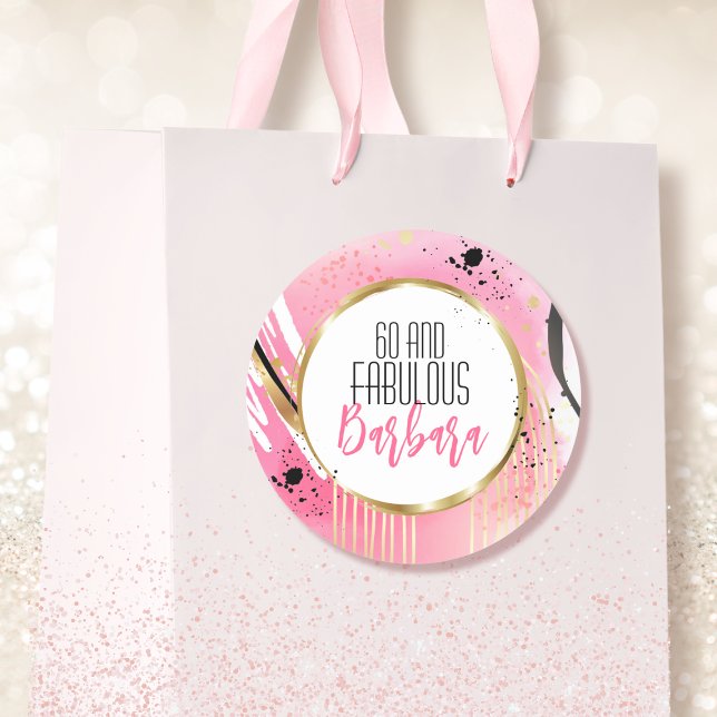 60 and Fabulous Modern Pink Black Glam Gold  Classic Round Sticker (Creator Uploaded)