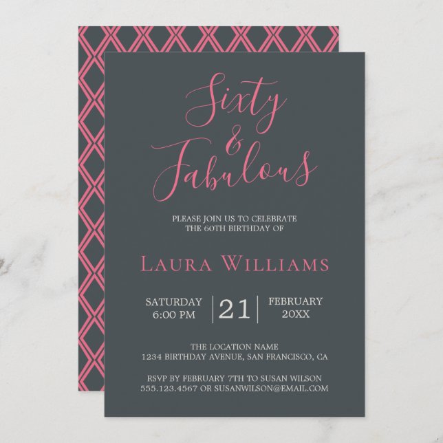 60 and Fabulous Pink Black 60th Birthday Party Invitation (Front/Back)