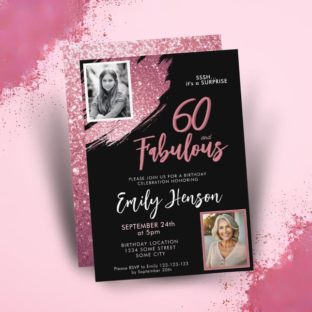 60 and Fabulous Pink Glitter 2 Photo 60th Birthday Invitation (Creator Uploaded)