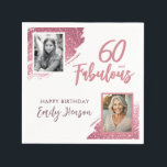 60 and Fabulous Pink Glitter 2 Photo 60th Birthday Napkin<br><div class="desc">60 and Fabulous Pink Glitter 2 Photo Surprise 60th Birthday Party Napkins. Throw a stunning celebration with these “60 and Fabulous” pink glitter birthday napkins. Featuring sparkly faux-glitter brush strokes, and space for two personal photos, this elegant design is perfect for honouring a fabulous woman’s milestone birthday. Fully customisable to...</div>