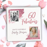 60 and Fabulous Pink Glitter 2 Photo 60th Birthday Napkin<br><div class="desc">60 and Fabulous Pink Glitter 2 Photo Surprise 60th Birthday Party Napkins. Throw a stunning celebration with these “60 and Fabulous” pink glitter birthday napkins. Featuring sparkly faux-glitter brush strokes, and space for two personal photos, this elegant design is perfect for honouring a fabulous woman’s milestone birthday. Fully customisable to...</div>