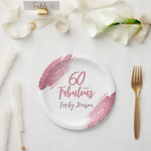 60 and Fabulous Pink Glitter 60th Birthday Paper Plate