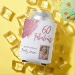 60 and Fabulous Pink Glitter Photo 60th Birthday Can Cooler<br><div class="desc">60 and Fabulous Pink Glitter Photo Surprise 60th Birthday Can Cooler. Stunning personalised cooler with “60 and Fabulous” text and pink glitter design. Featuring sparkly faux-glitter brush strokes, and space for a personal photo, this elegant design is perfect for honouring a fabulous woman’s milestone birthday. Fully customisable to include a...</div>