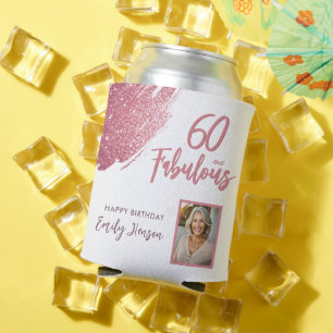 60 and Fabulous Pink Glitter Photo 60th Birthday Can Cooler