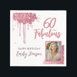 60 and Fabulous Pink Glitter Photo 60th Birthday Napkin<br><div class="desc">60 and Fabulous Pink Glitter Photo Surprise 60th Birthday Party Napkins. Throw a stunning celebration with these “60 and Fabulous” pink glitter birthday napkins. Featuring sparkly faux-glitter brush strokes, and space for a personal photo, this elegant design is perfect for honouring a fabulous woman’s milestone birthday. Fully customisable to include...</div>